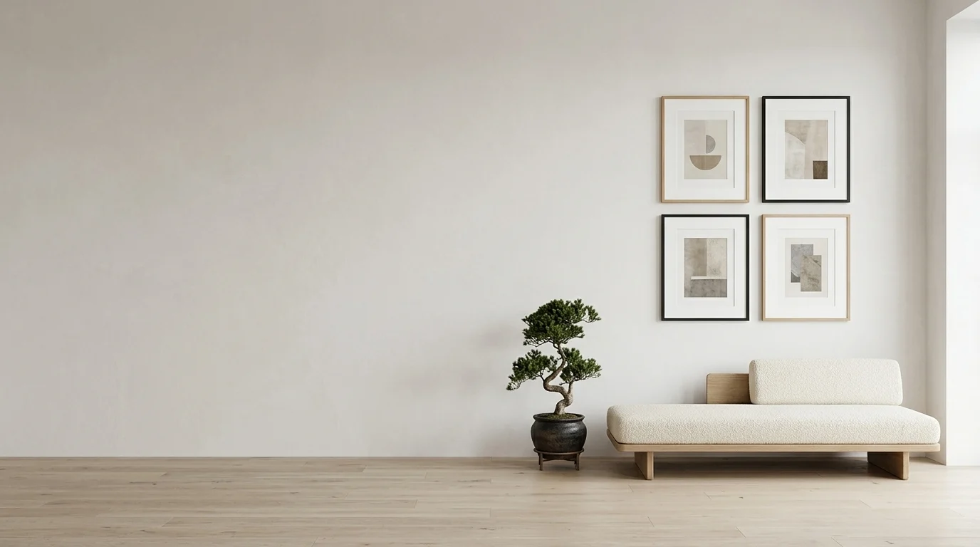 Minimalist Gallery - 2x2 Oak & Black Grid with Bonsai