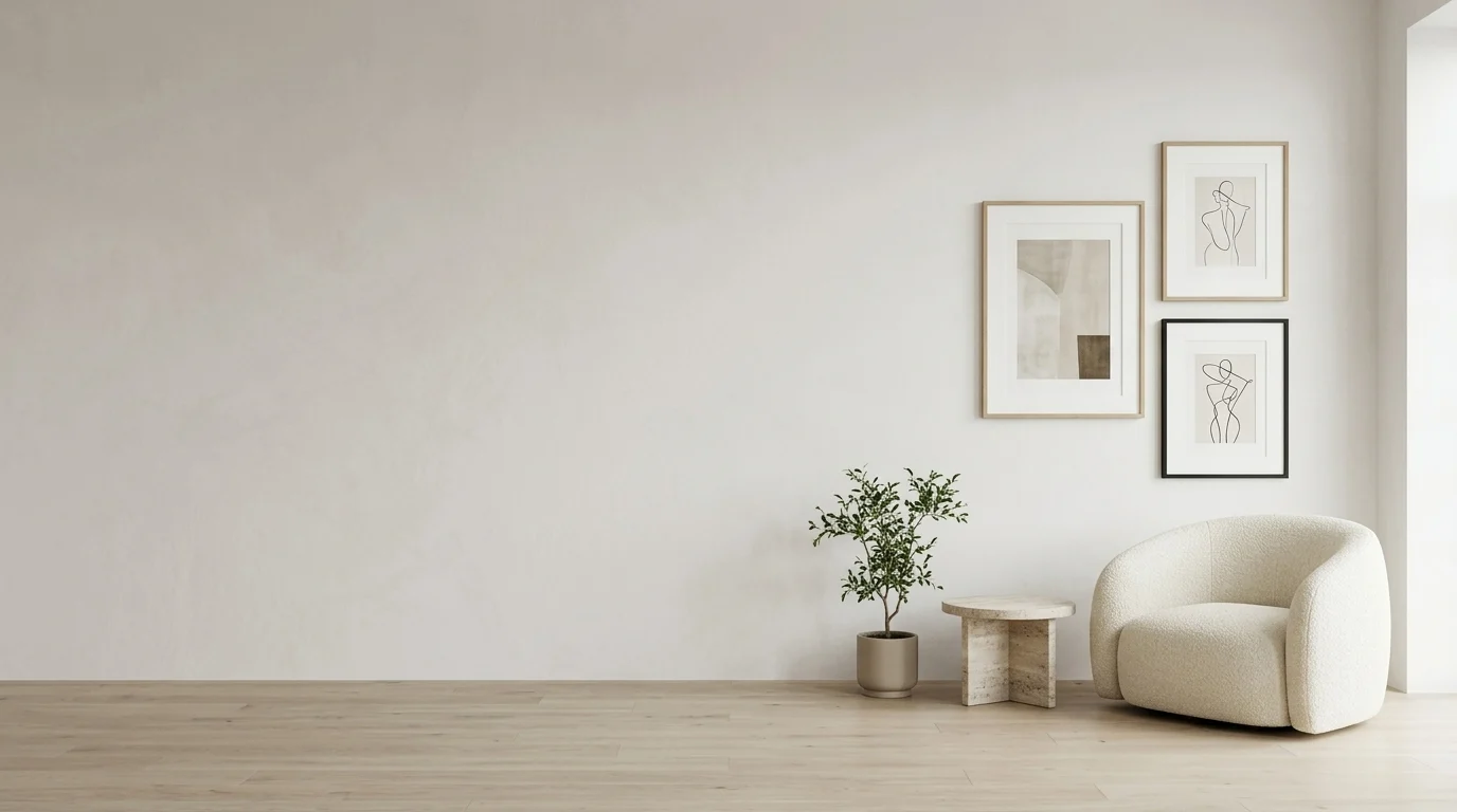 Japandi Lounge - Curved Boucle Armchair & Asymmetric Frames