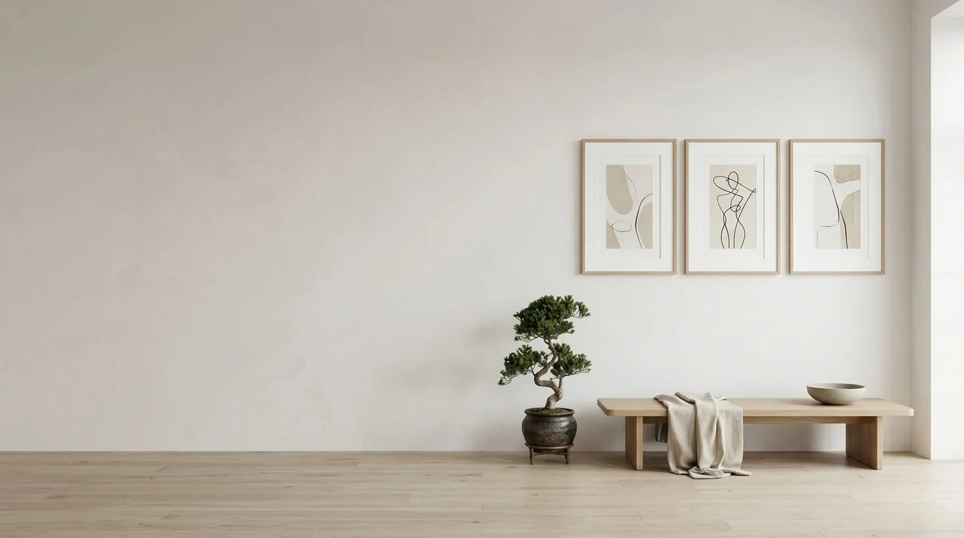 Serene Studio - Symmetrical Oak Triptych & Bench