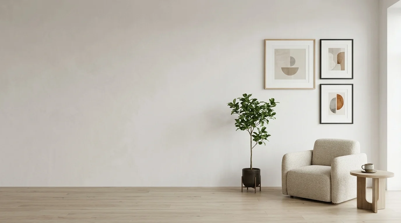 Warm Minimalist Corner - Oat Armchair & Curated Frames